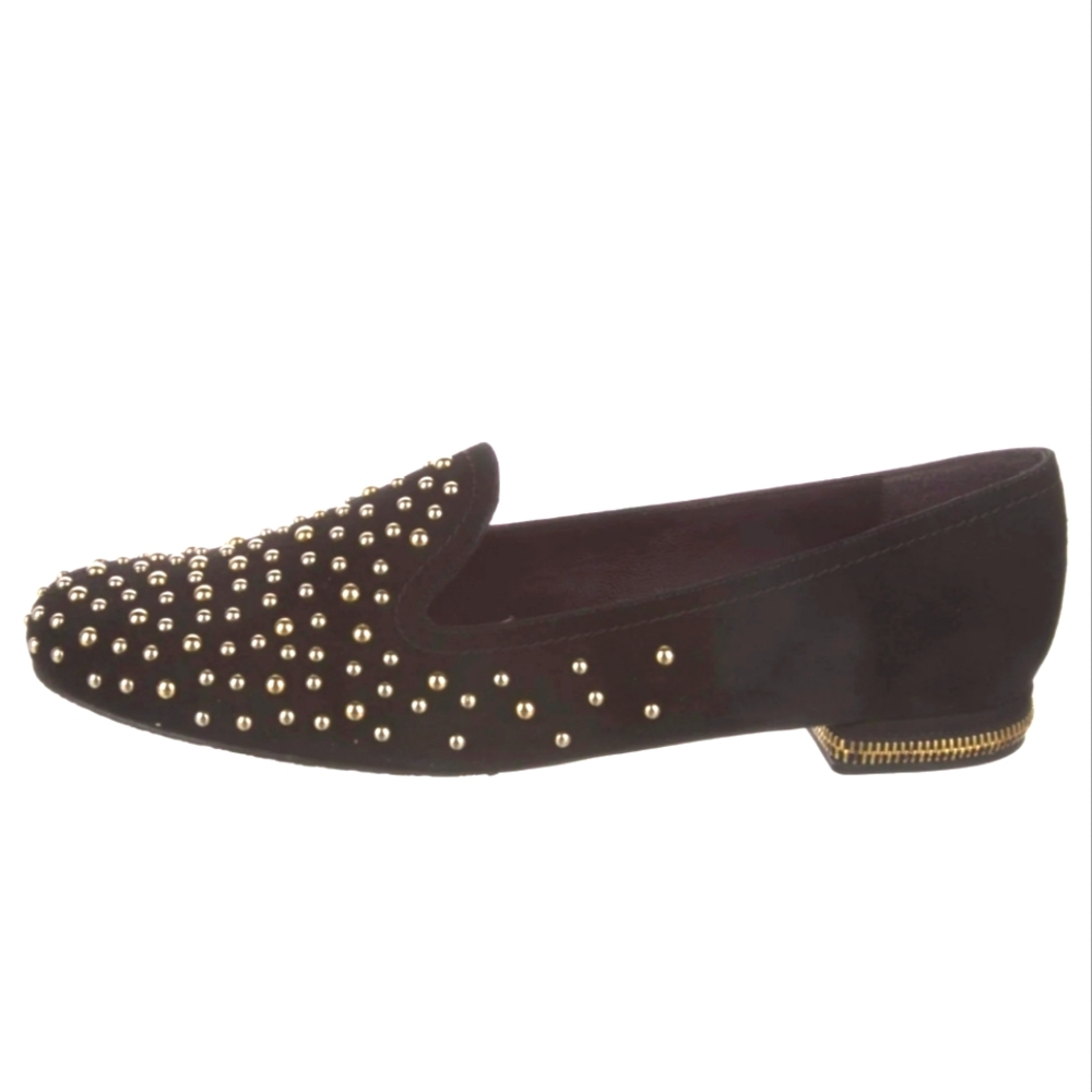 Stuart Weitzman Women’s Black Suede Studded Loafers With Zipper Heel Sz8M - Picture 1 of 8